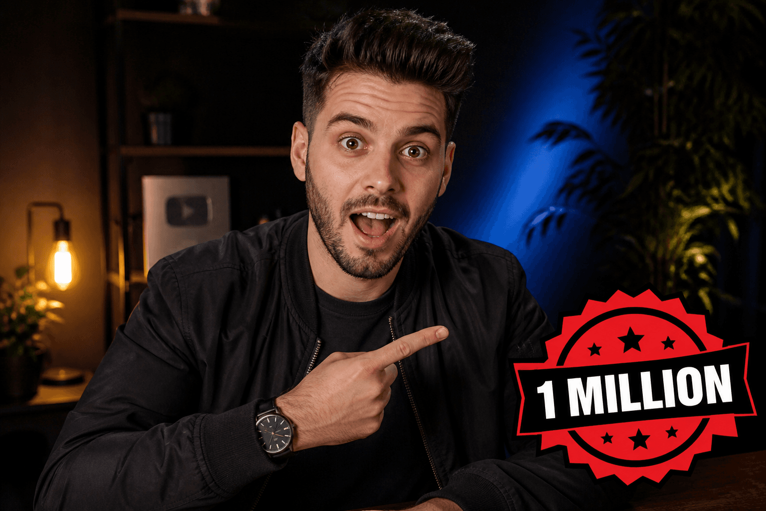 Creator pointing at a 1 Million views milestone badge on a thumbnail